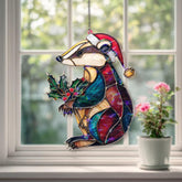 Christmas Badger Acrylic Suncatcher, Stained Glass Style Holiday Animal Window Hanging, Festive Wildlife Decor Gift with Santa Hat